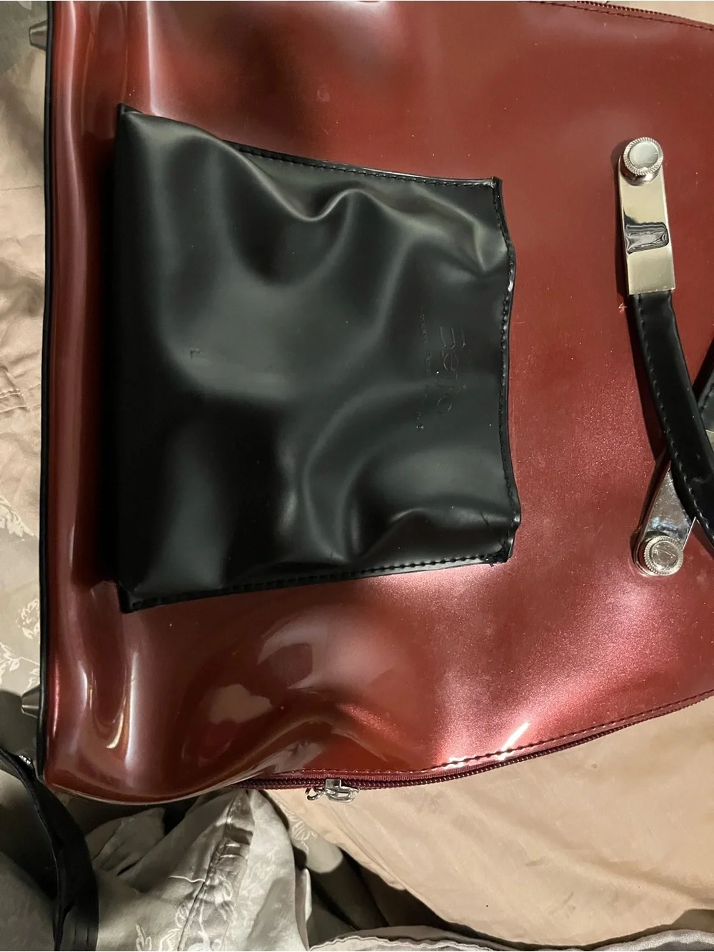 Beijo Burgundy Patent Tote with Black Accent Pocket